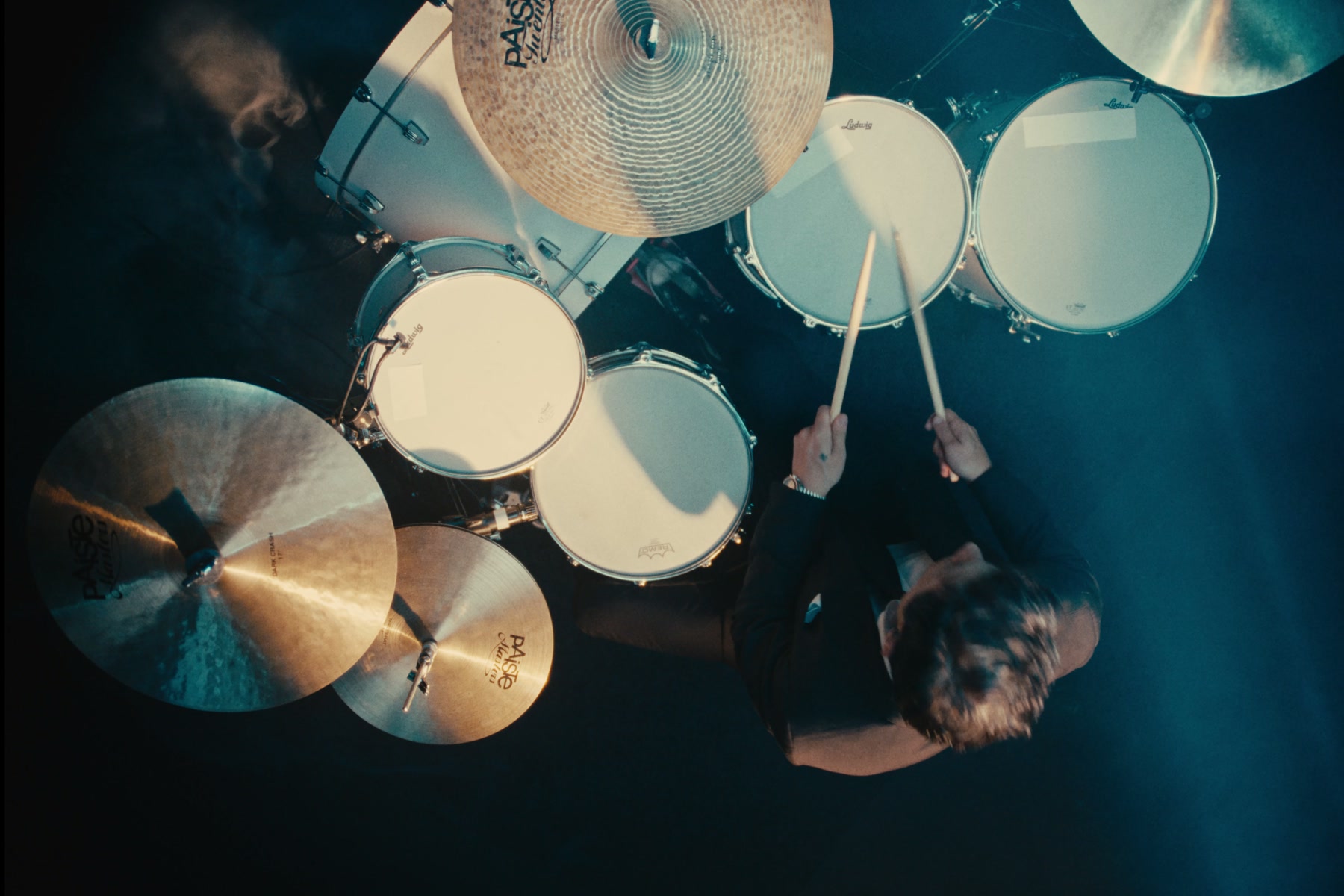 Overhead view of a Ludwig drum kit in performance